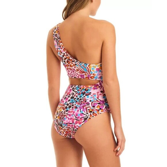 Jessica Simpson Women's Abstract-Print One-Shoulder Swimsuit Pink Multicolor L - Picture 2 of 8